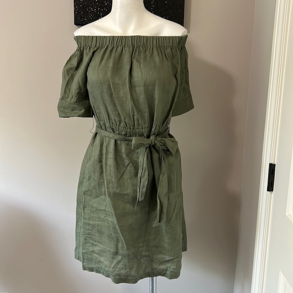 FRAME DENIM Linen Off the Shoulder Dress Olive Green Tie Waist Sz XS - Picture 1 of 12
